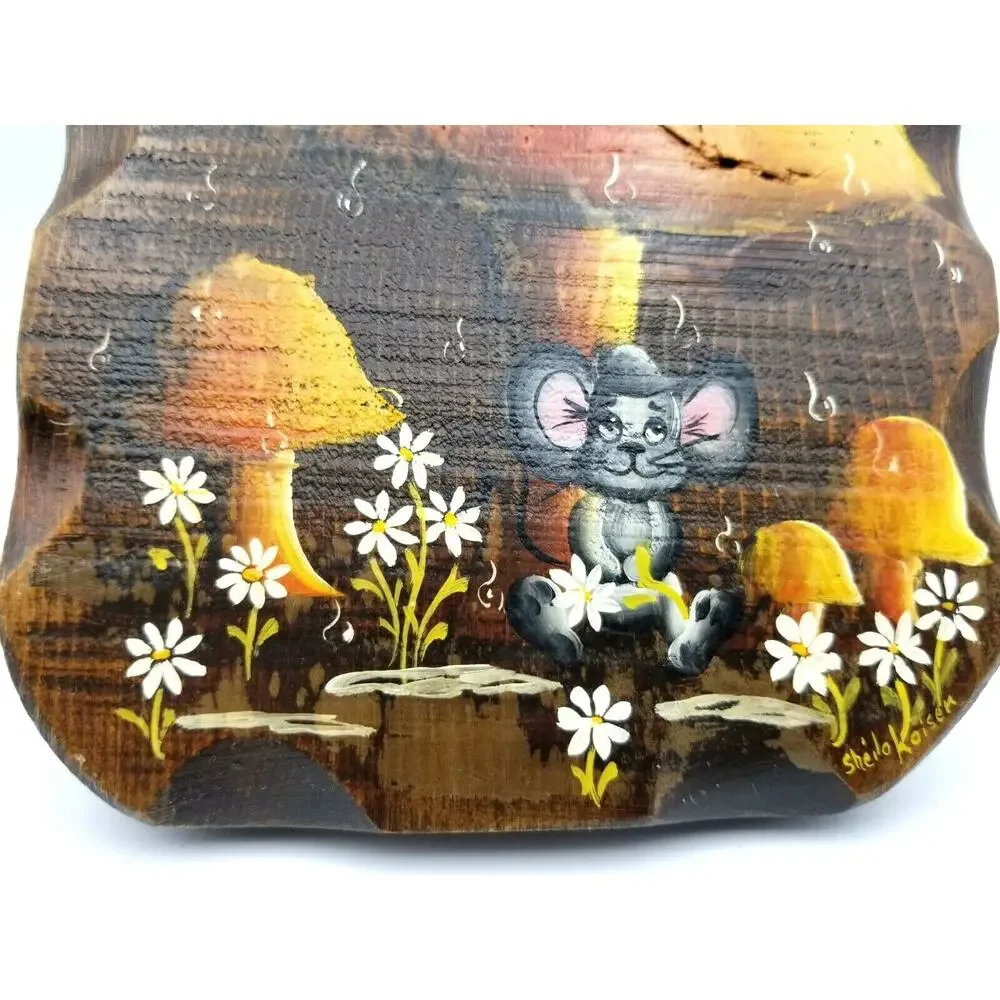 Vintage Mushrooms Mouse Tole Painting Signed by Artist Wall Hanging 7